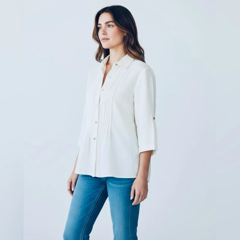 Traditions Linen Blend Button Down Pintuck 3/4 Sleeve Shirt Petite 10P - Picture 2 of 8